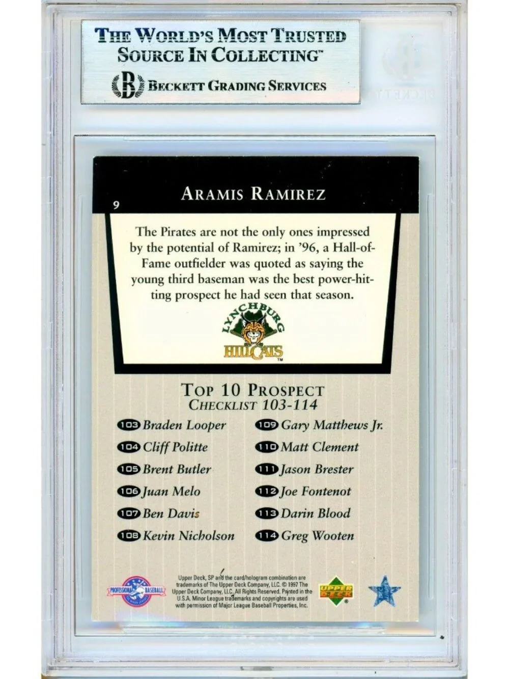 Aramis Ramirez Signed 1998 Upper Deck SP Top Prospects #9 Card Beckett BAS Slab